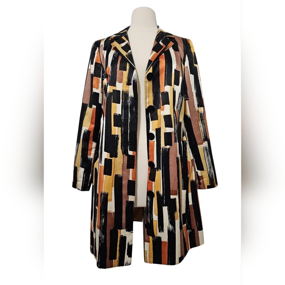 Etcetera Abstract Brushstroke Coat in Black, Brown, Mustard, Cream